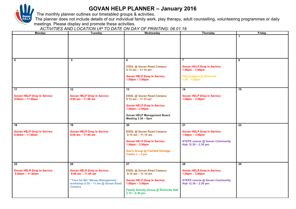 Govan Help Monthly Planner