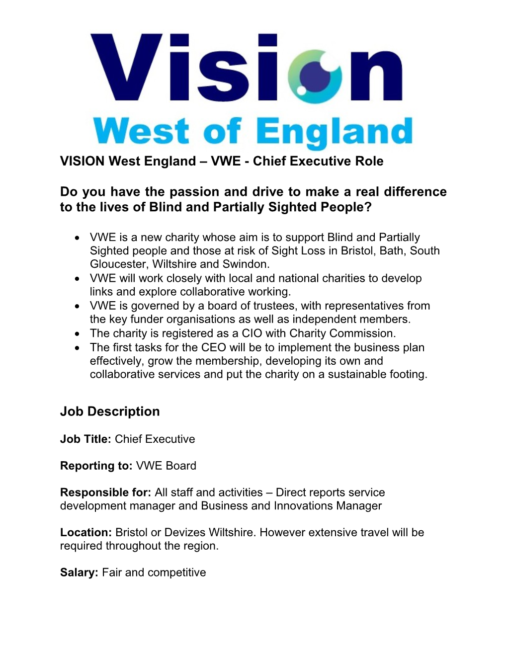VISION West England VWE - Chief Executive Role