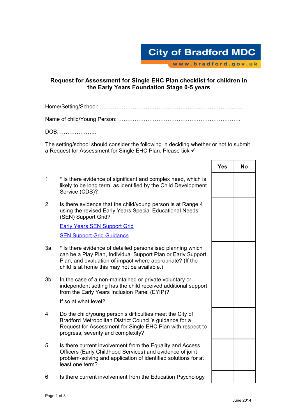Request for Assessment for Single EHC Plan Checklist for Children in the Early Years Foundation