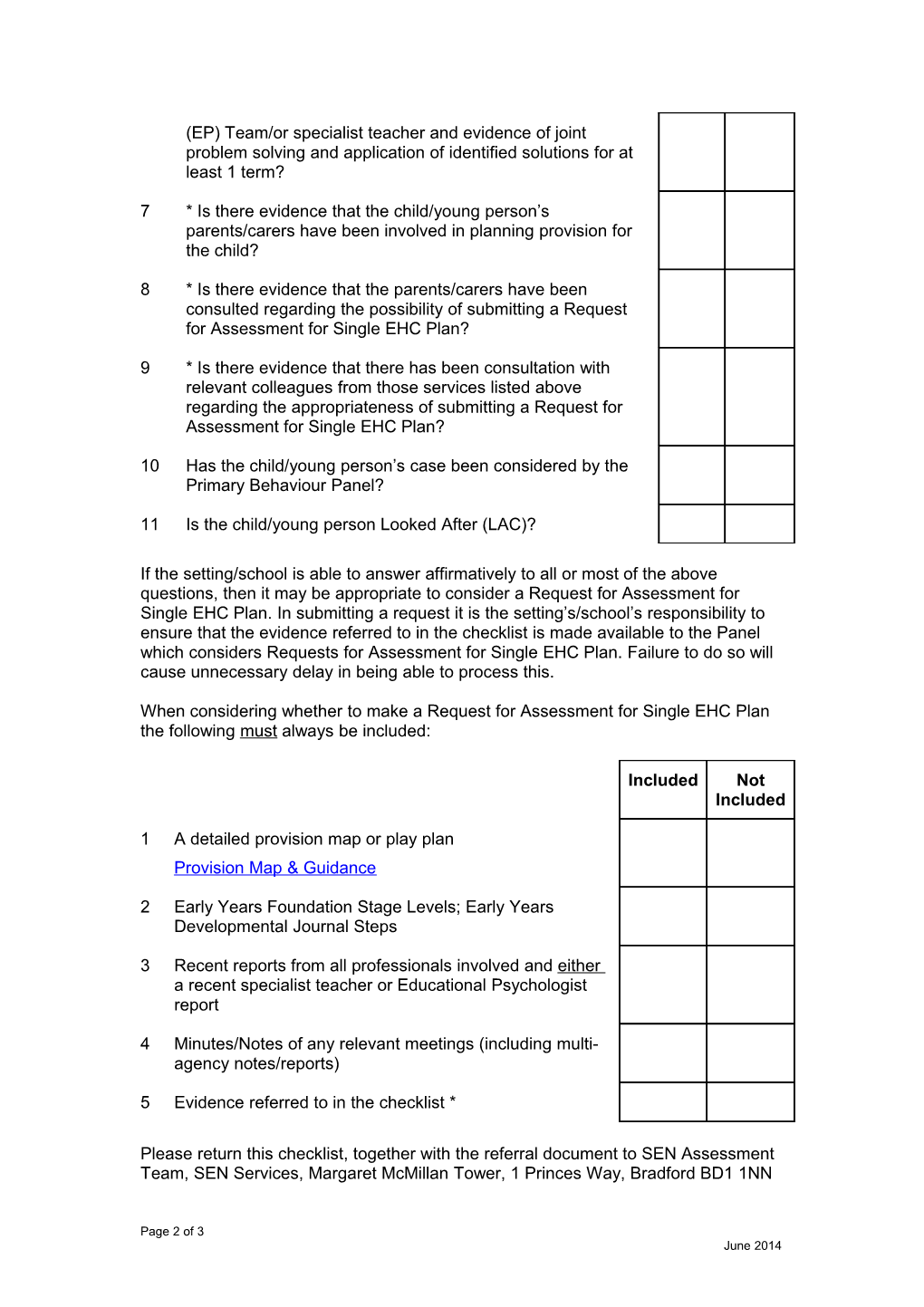 Request for Assessment for Single EHC Plan Checklist for Children in the Early Years Foundation