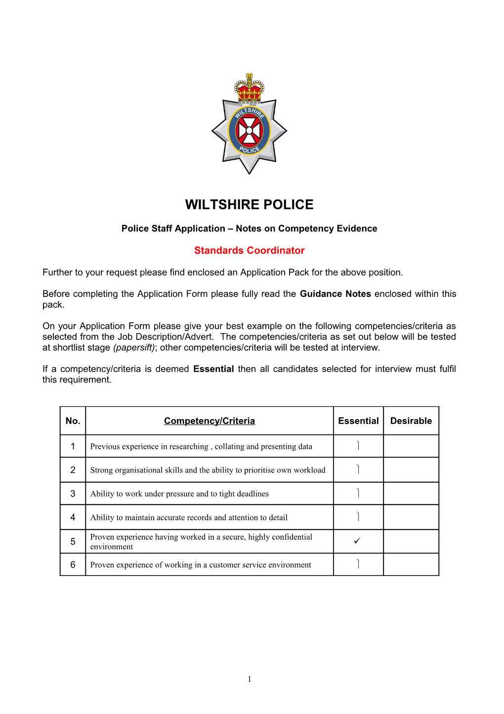 Police Staff Application Notes on Competency Evidence