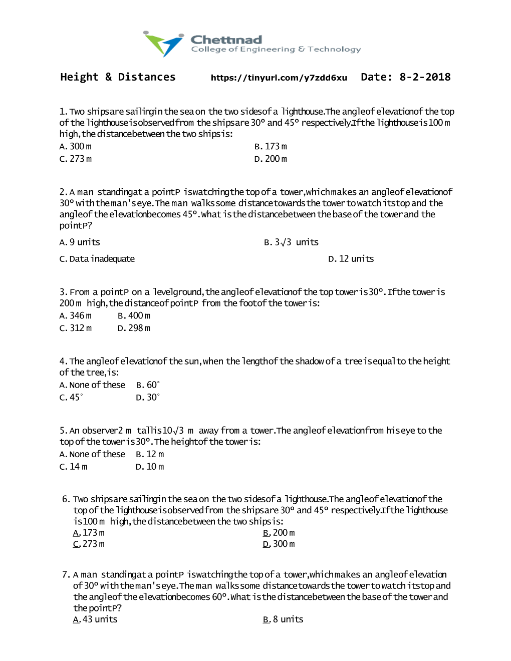 Height & Distances Date: 8-2-2018