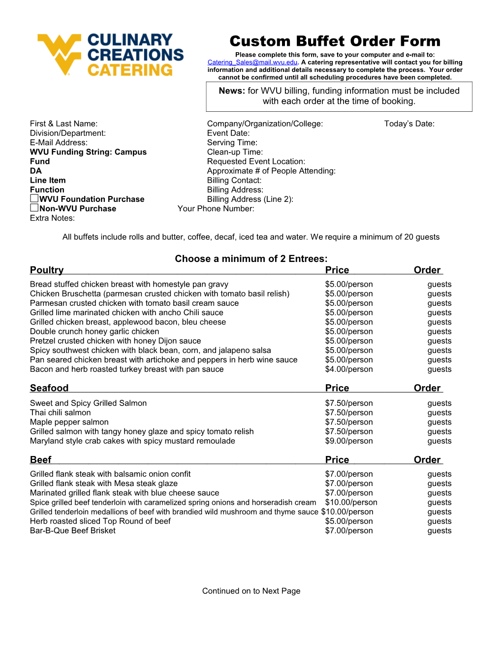 Custom Buffet Order Form