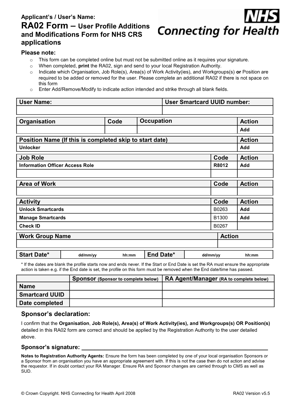 RA02 Form User Profile Additions