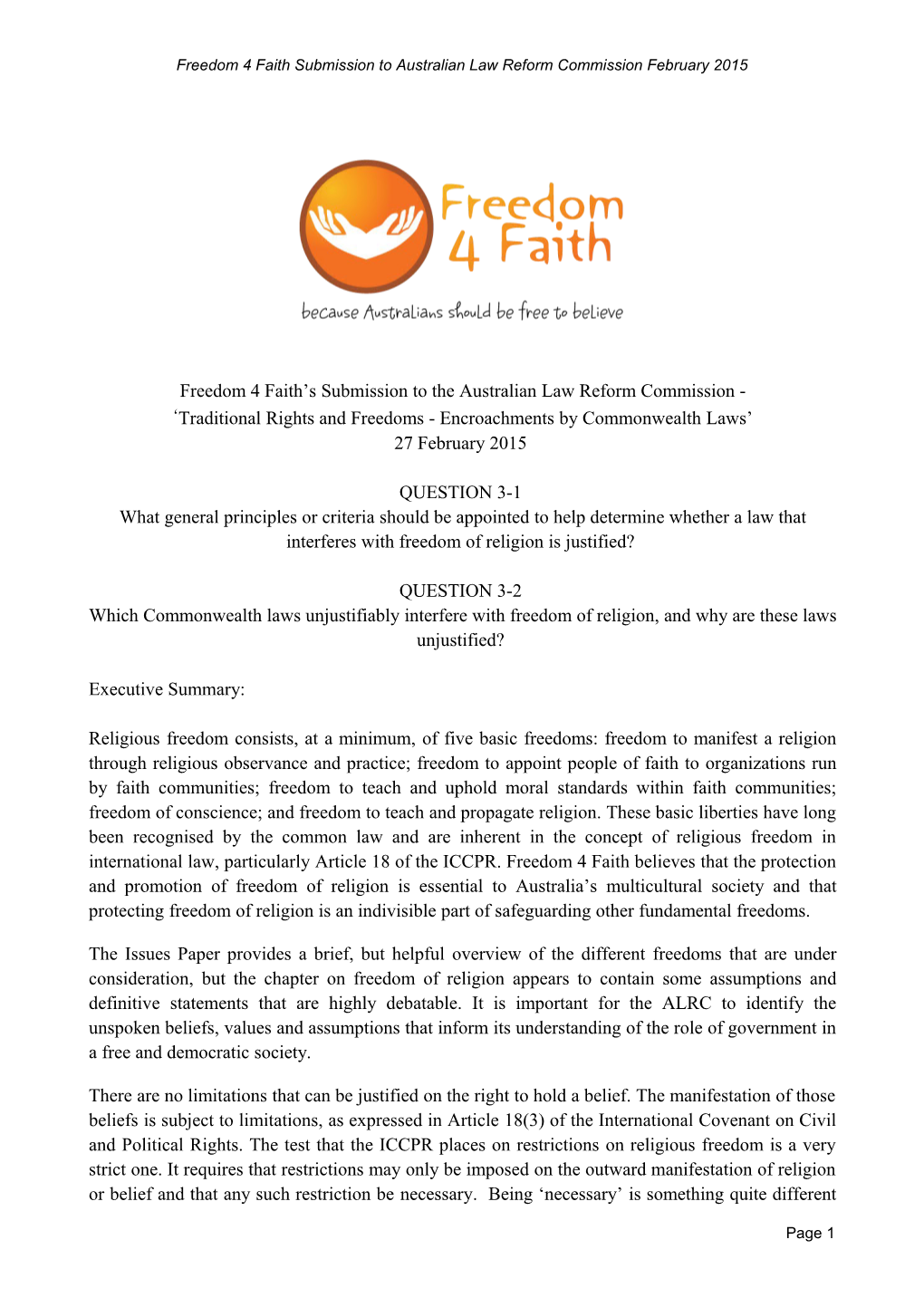 Freedom 4 Faith S Submission to the Australian Law Reform Commission