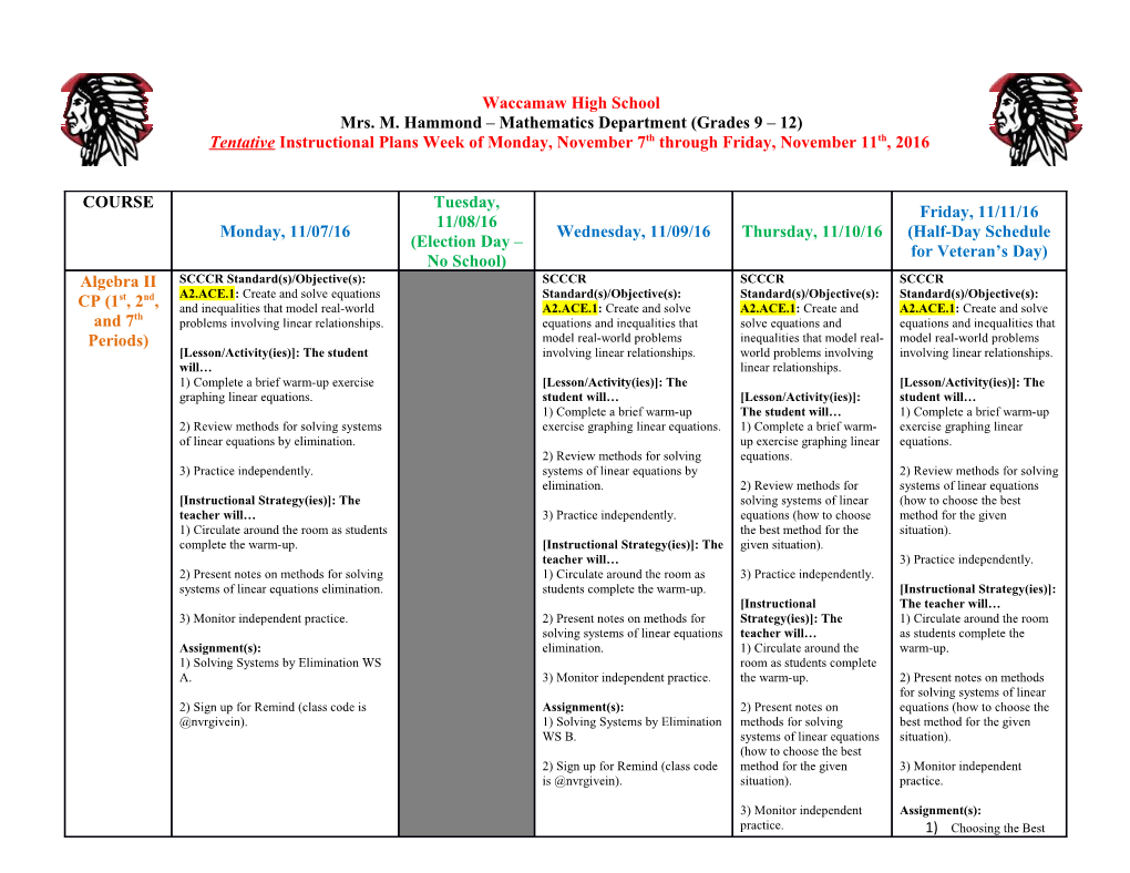 Mrs. M. Hammond Mathematics Department (Grades 9 12)