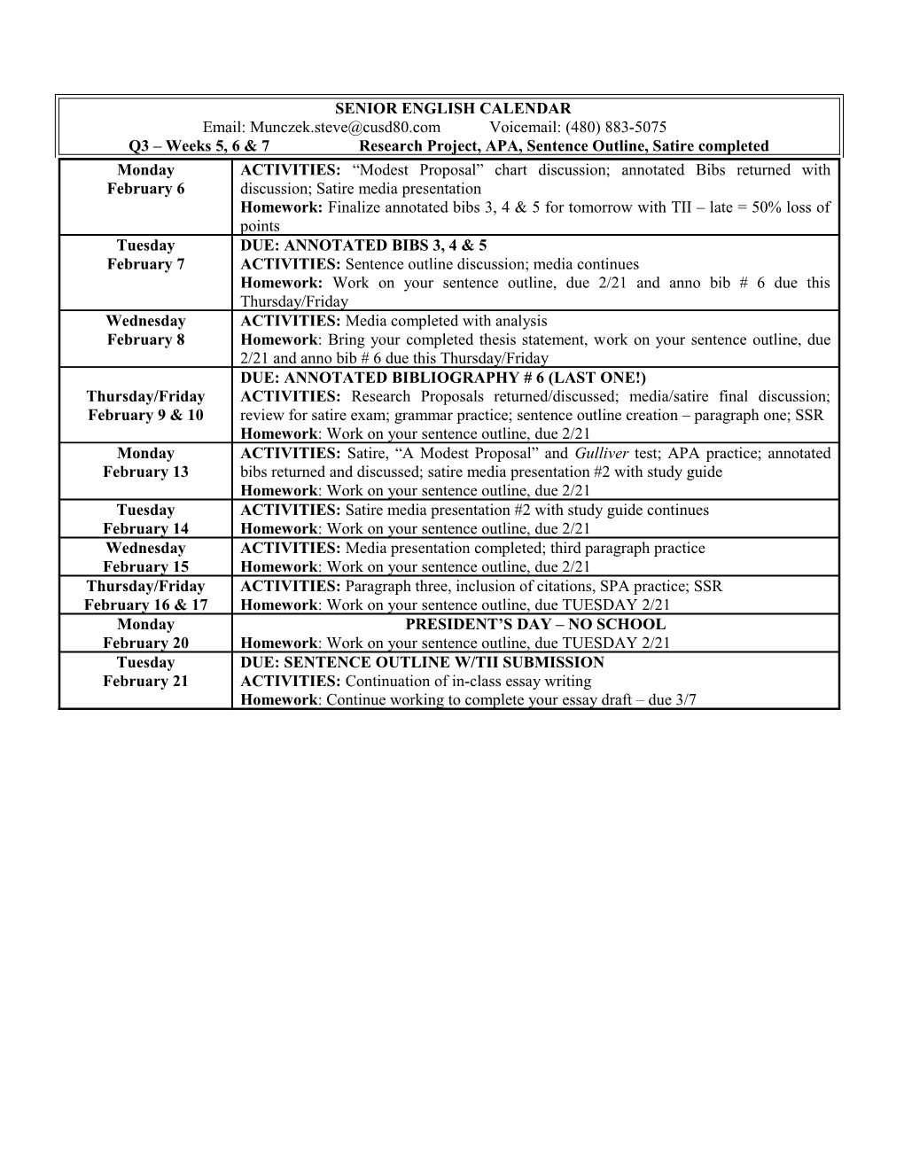 Senior English Calendar