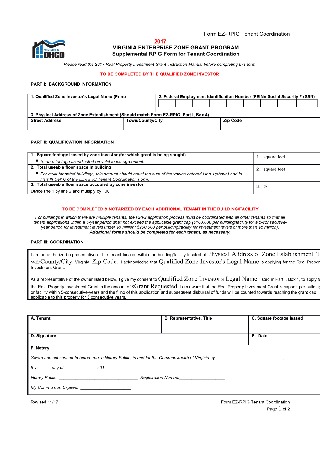 Form EZ-RPIG Tenant Coordination