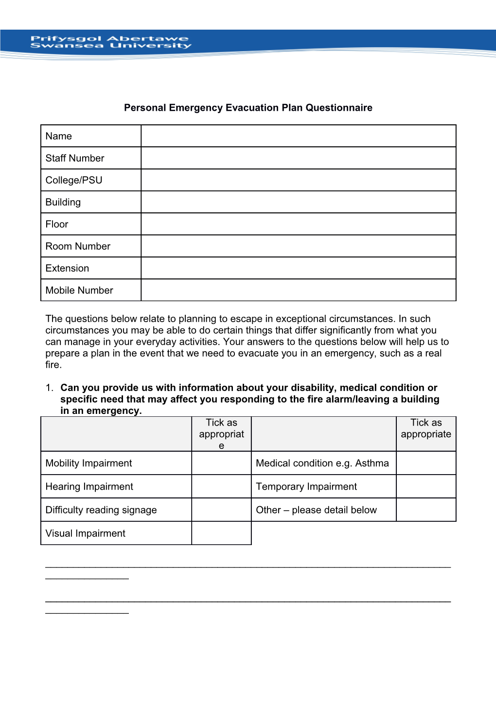 Personal Emergency Evacuation Plan Questionnaire