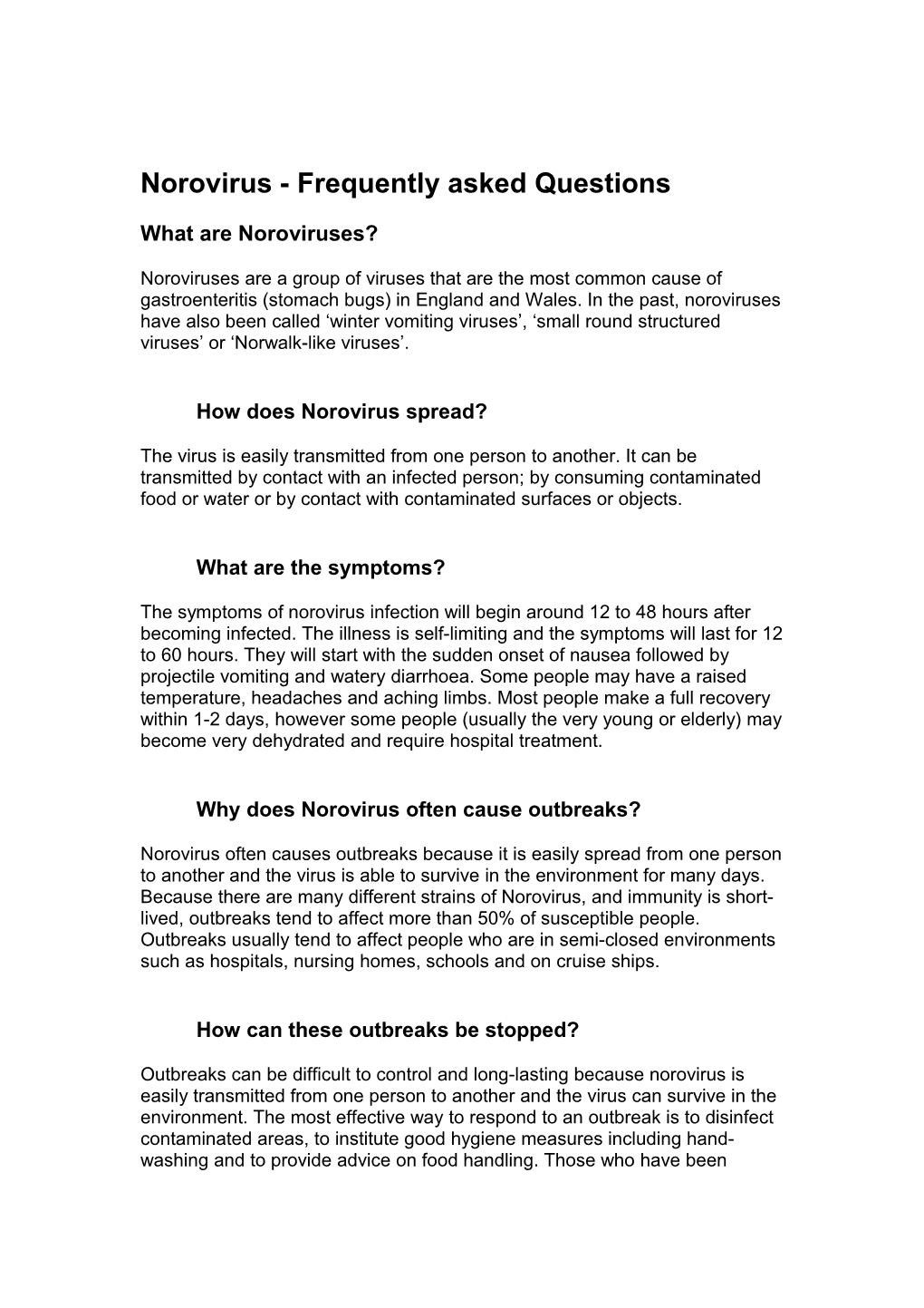 Norovirus - Frequently Asked Questions