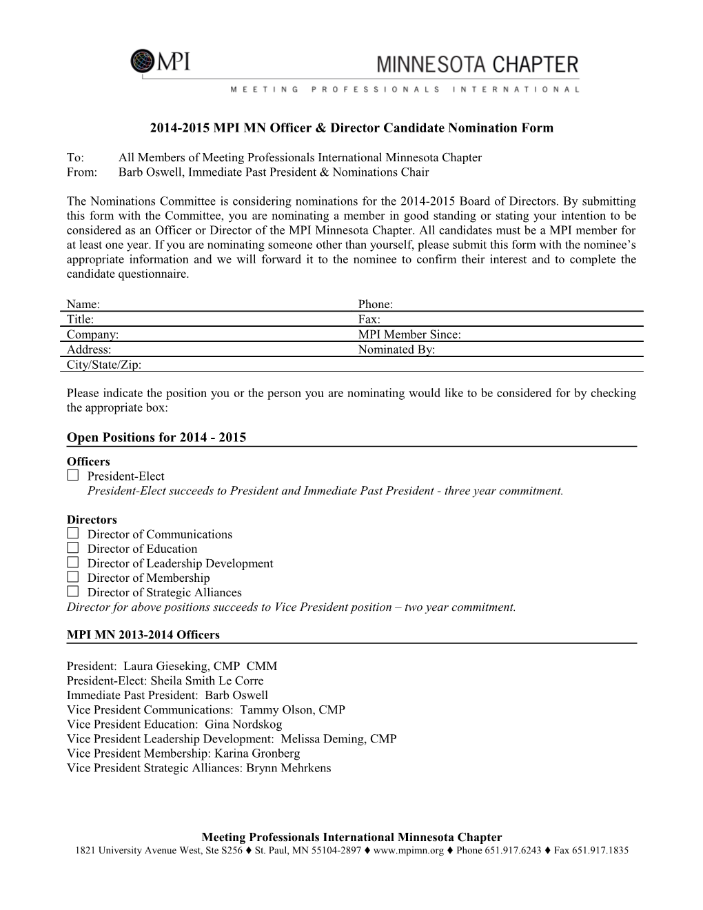 2014-2015 MPI MN Officer & Director Candidate Nomination Form