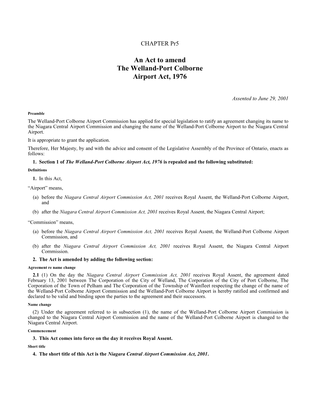 Niagara Central Airport Commission Act, 2001 - Chap. Pr5 (Bill Pr11)