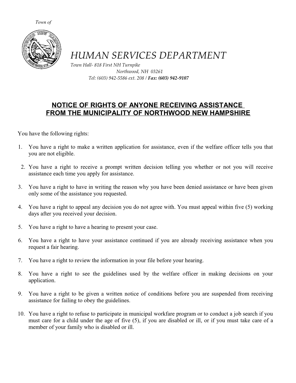 Notice of Rights of Anyone Receiving Assistance