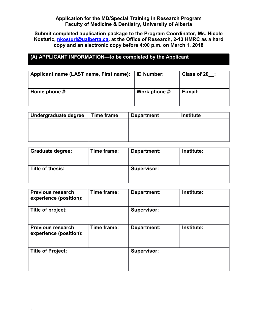 Application for the MD/Special Training in Research Program