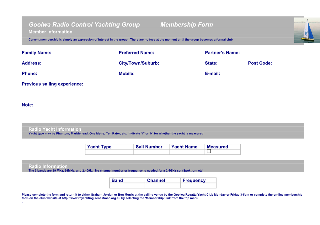 Membership Form for Goolwa Radio Yachting Group