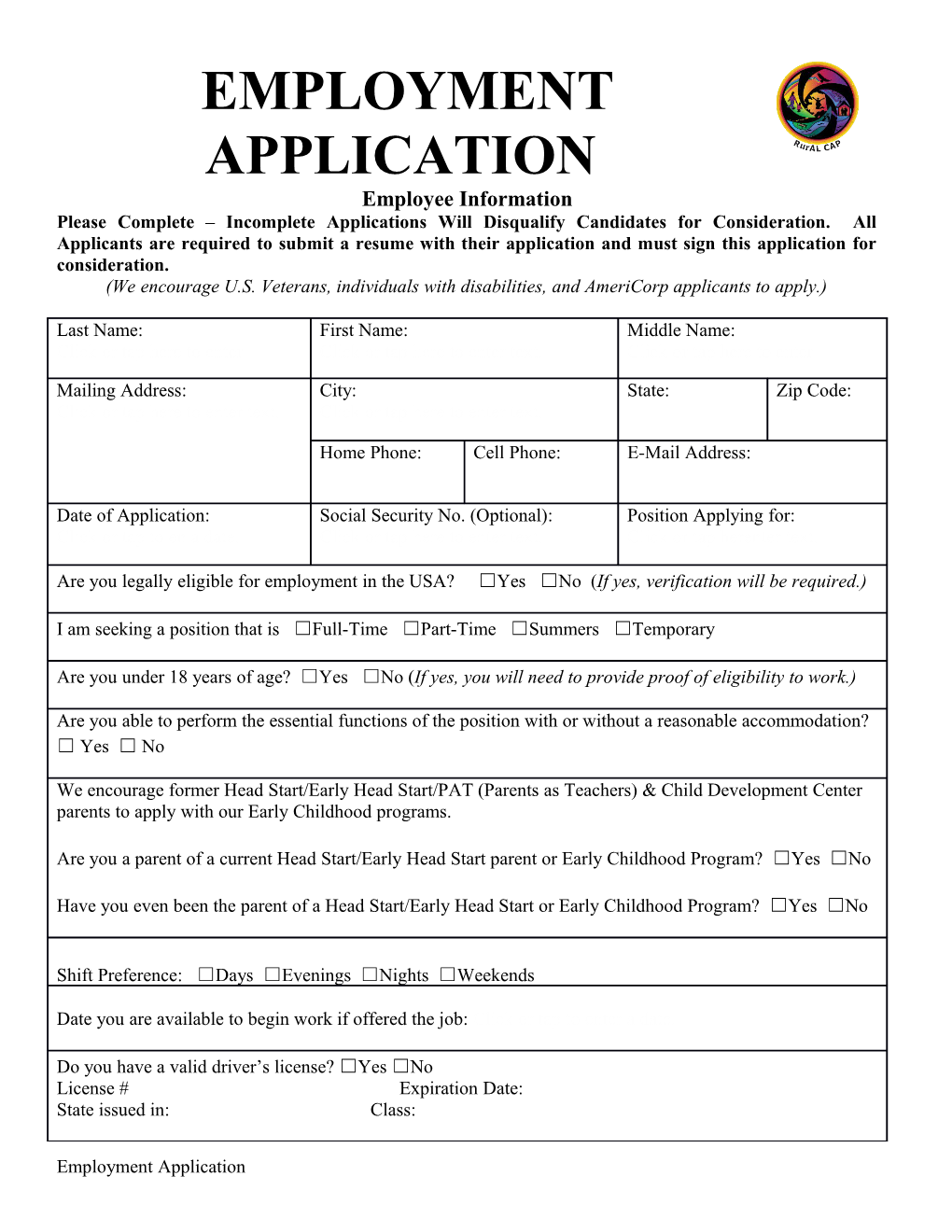 Fillable Rural CAP Employment Form