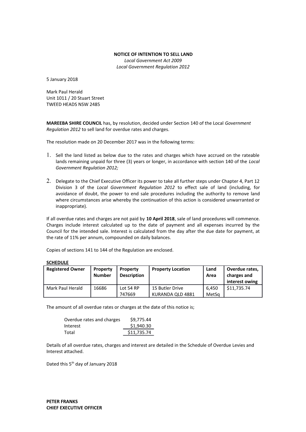 Notice of Intention to Sell Land