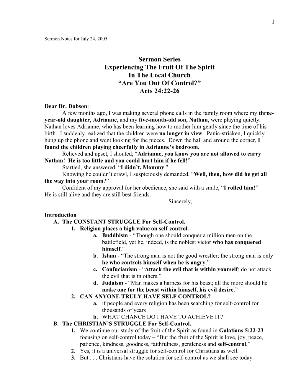 Sermon Notes for July 24, 2005