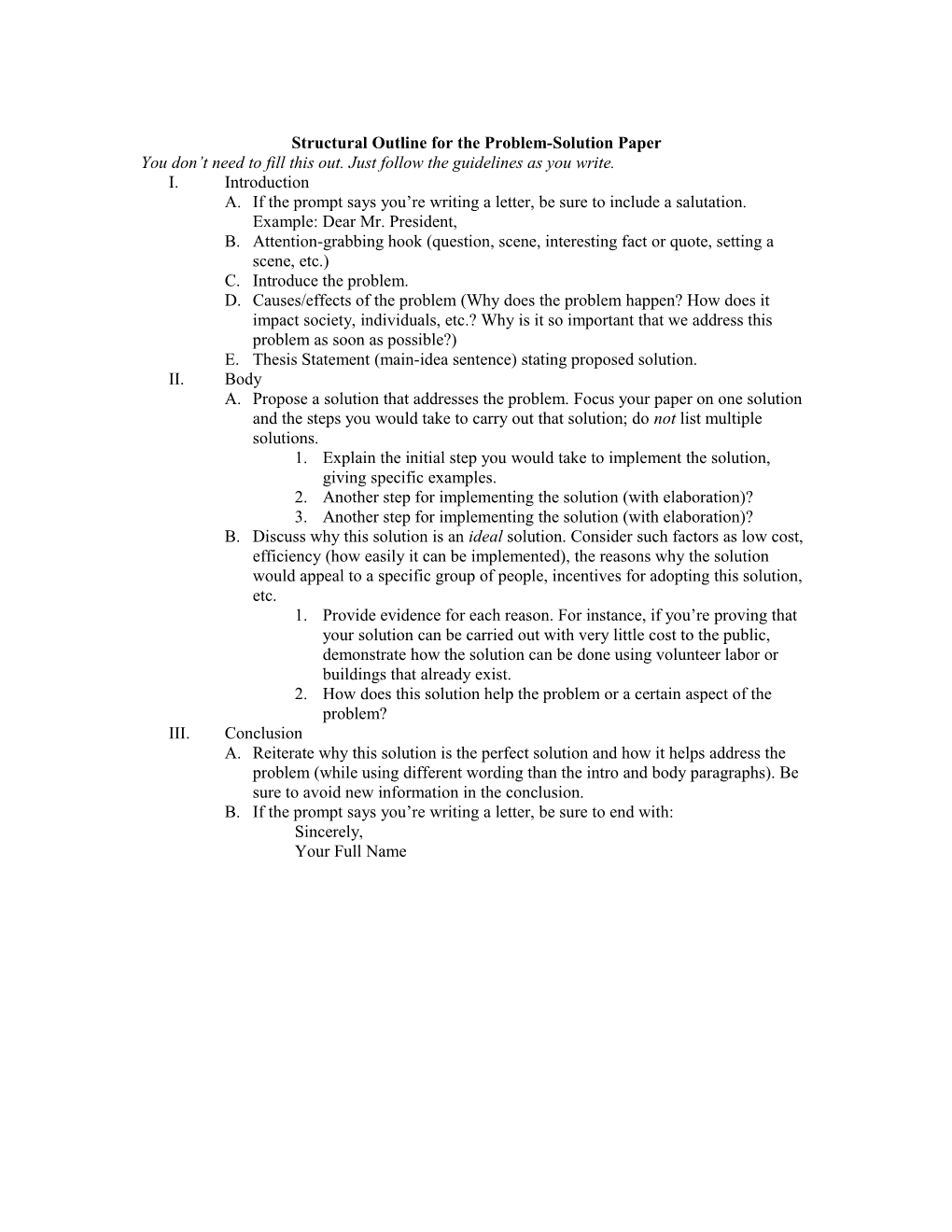 Problem-Solution Essay Outline