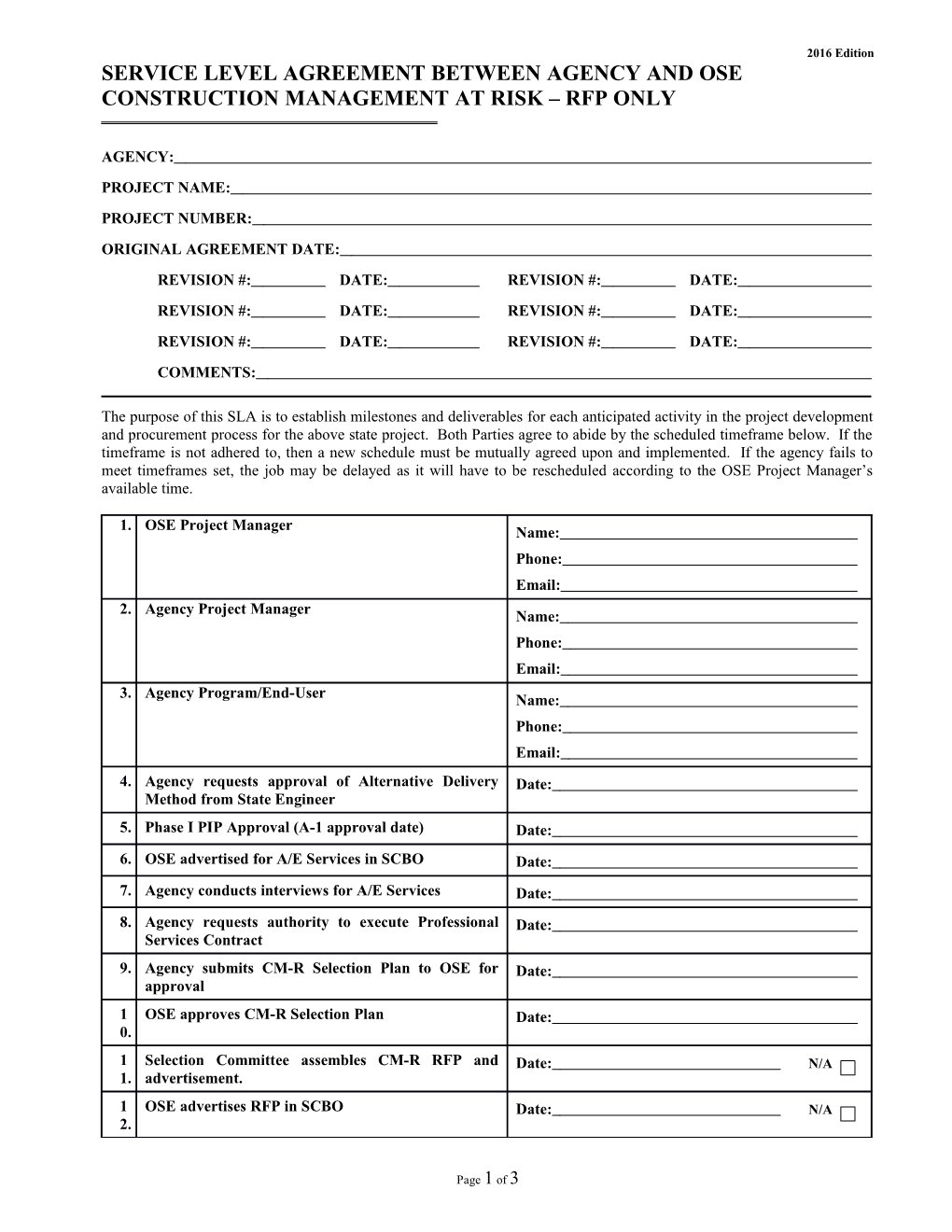 Service Level Agreement Between Agency and Ose