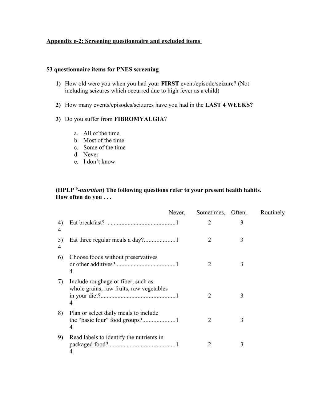 Appendix E-2: Screening Questionnaire and Excluded Items
