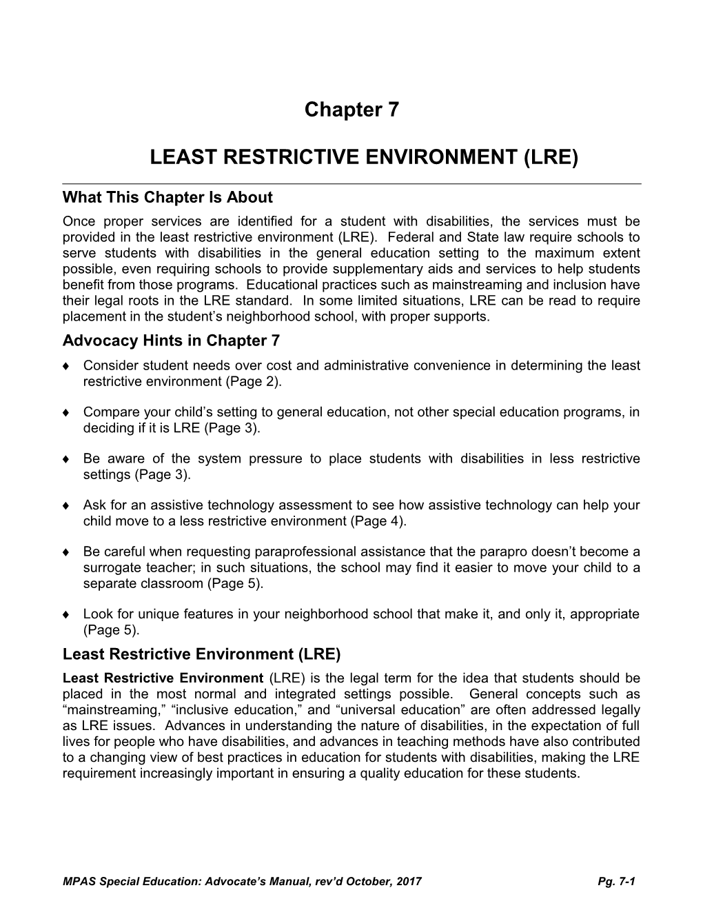 Chapter 7LEAST RESTRICTIVE ENVIRONMENT (LRE)