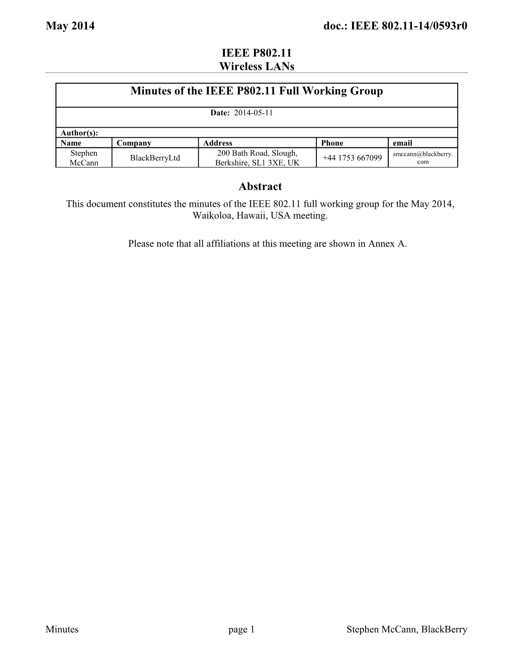 Minutes of the IEEE P802.11 Full Working Group