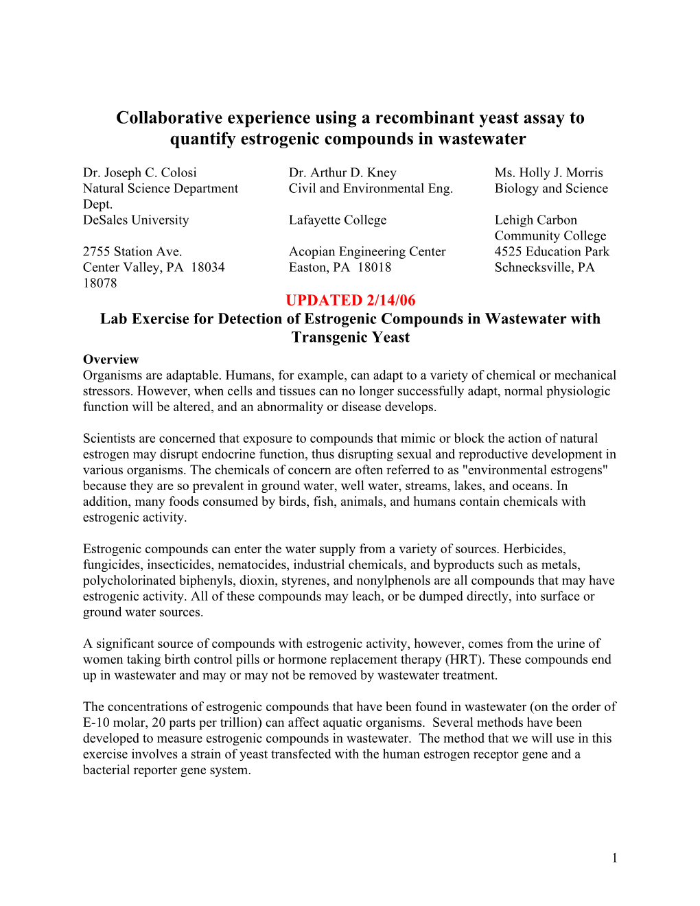 Lab Exercise for Detection of Estrogenic Compounds in Wastewater with Transgenic Yeast