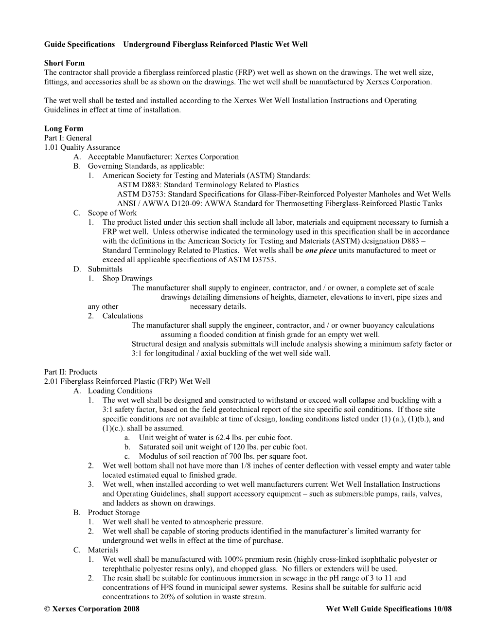 Guide Specifications Underground Fiberglass Reinforced Plastic Wet Well