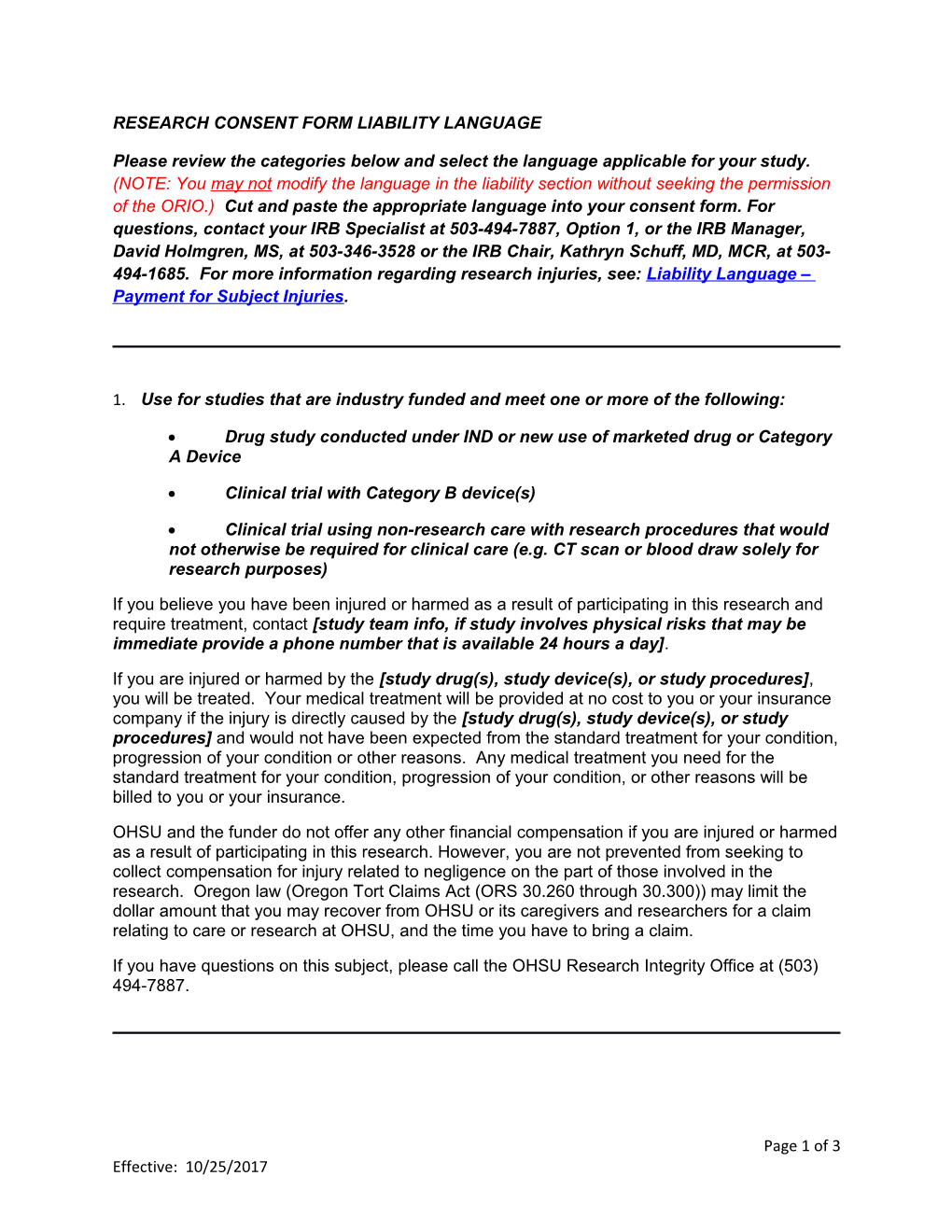 Research Consent Form Liability Language