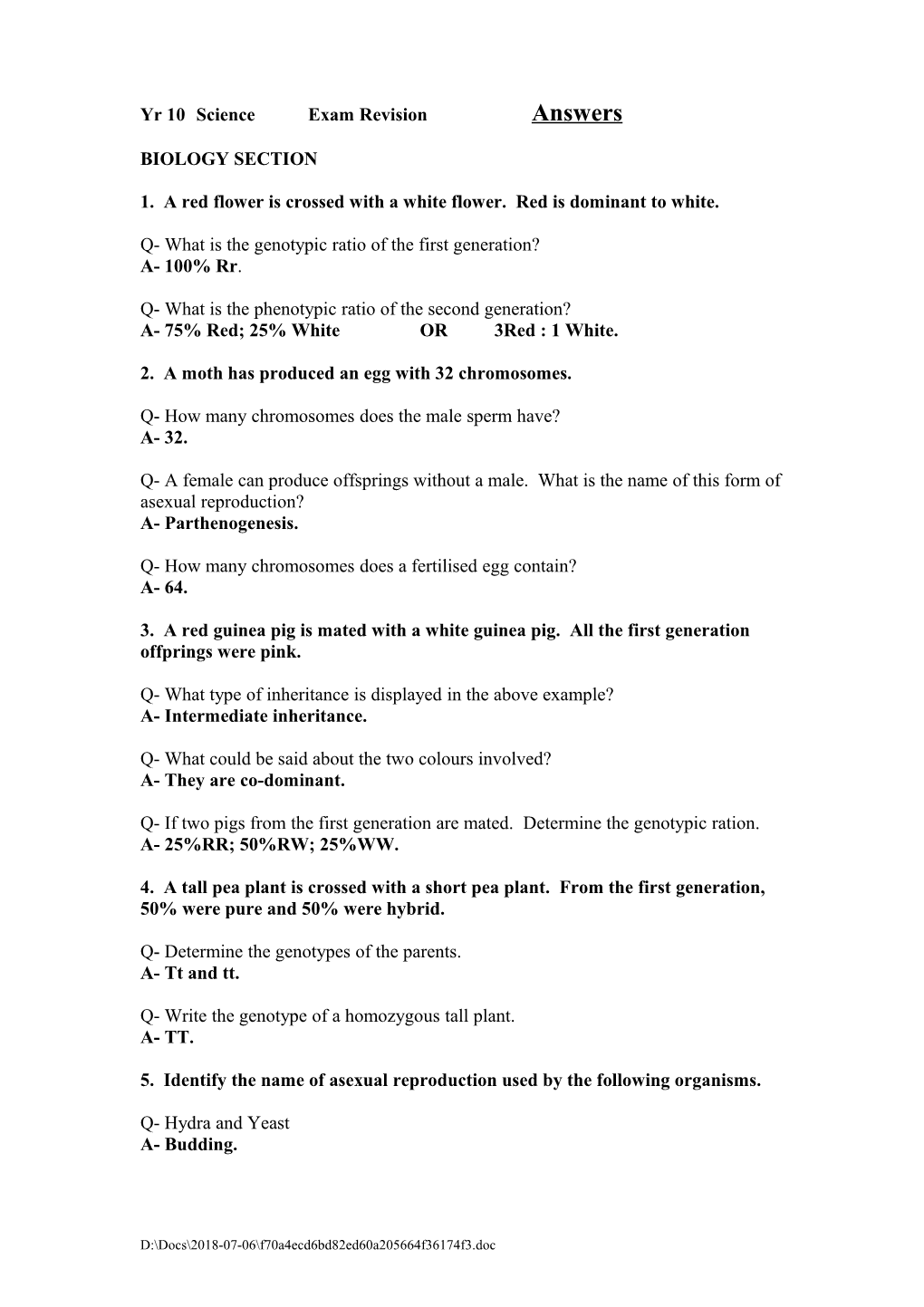 Yr 10 Science Exam Revision Answers