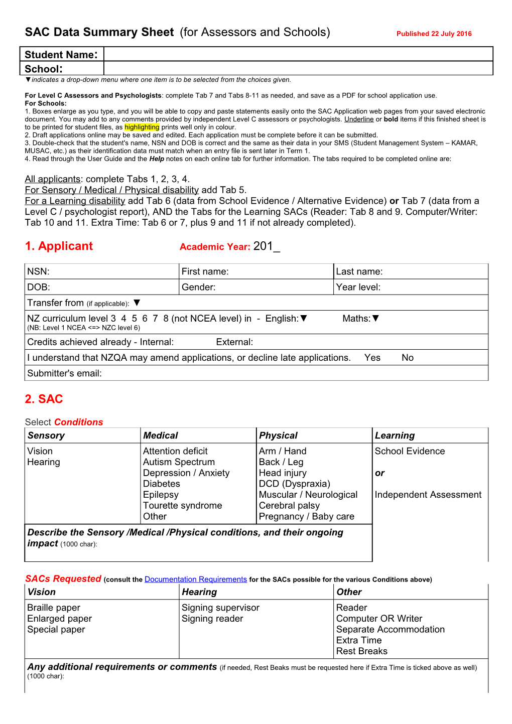 This Sheet Is for Recording Data for the SAC2014 Tool