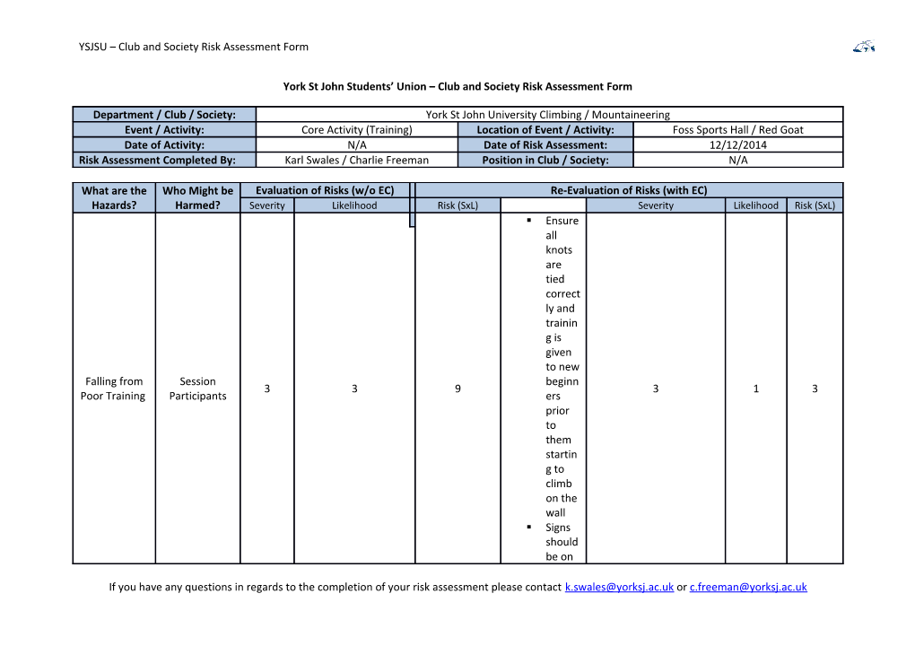 York St John Students Union Club and Society Risk Assessment Form