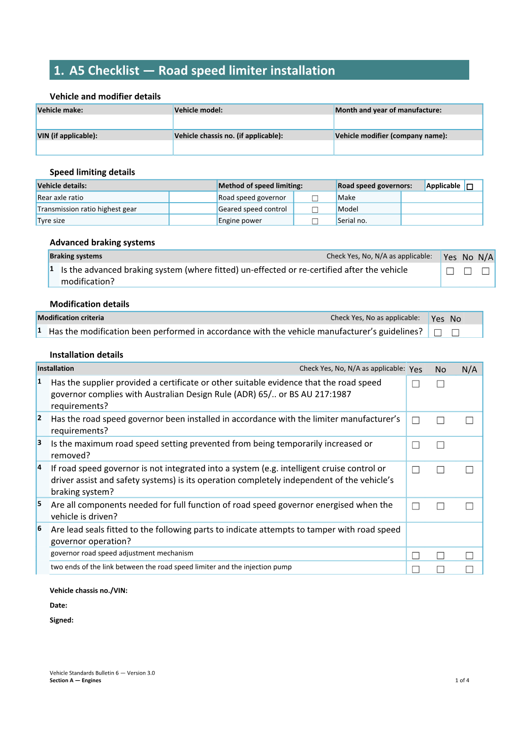 A5 Checklist Road Speed Limiter Installation