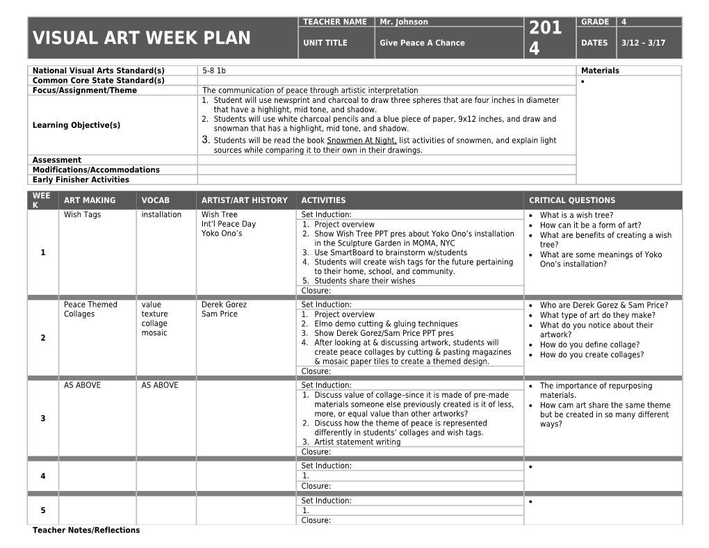 Visual Art 5 Week Plan