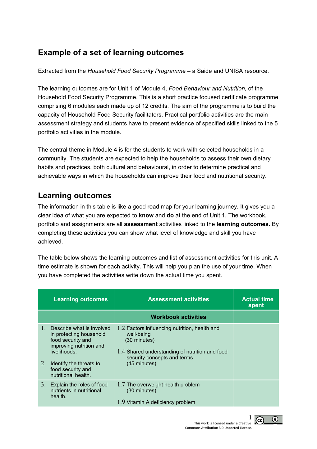 Example of a Set of Learning Outcomes