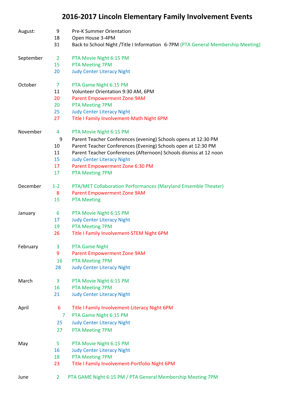 2016-2017 Lincoln Elementary Family Involvement Events