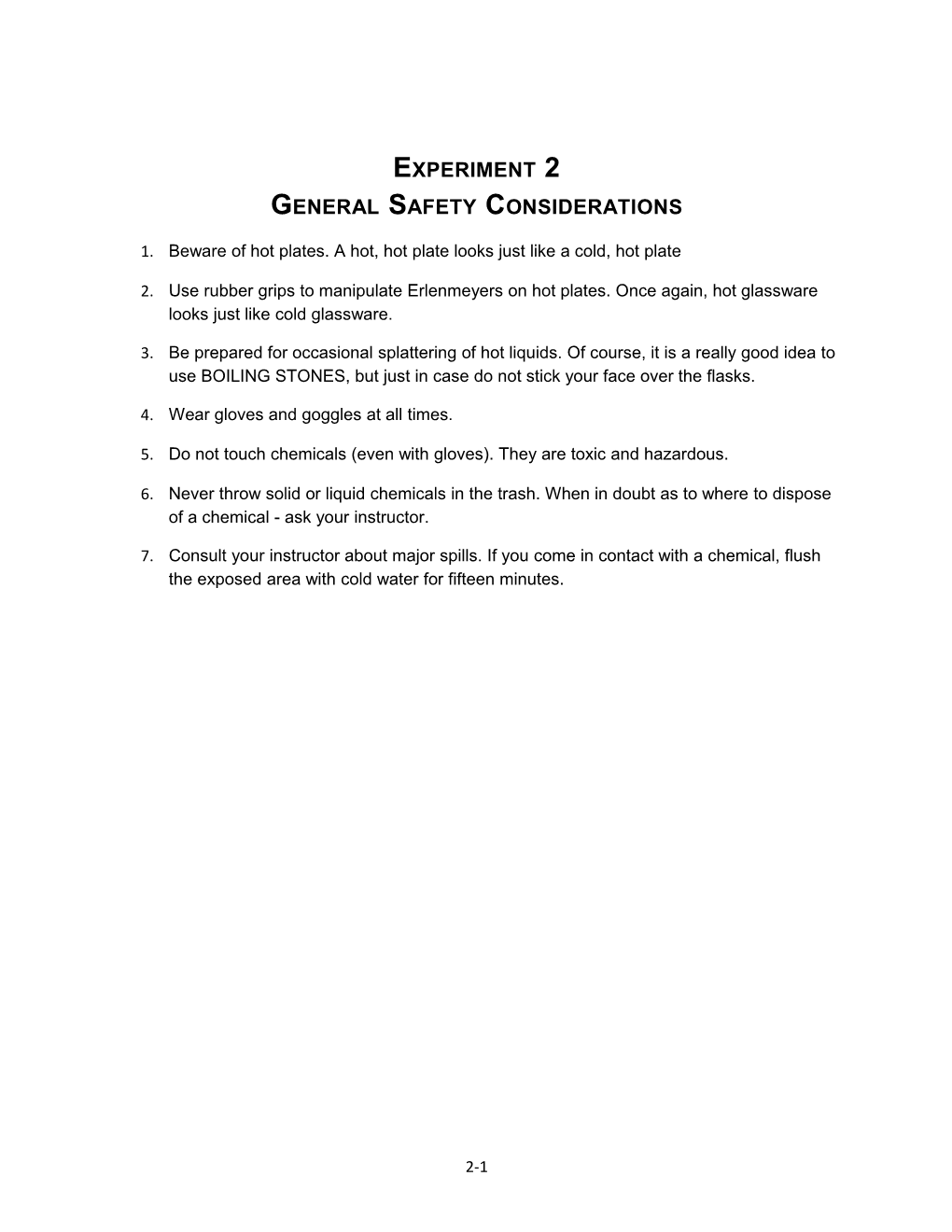 Experiment 2 General Safety Considerations