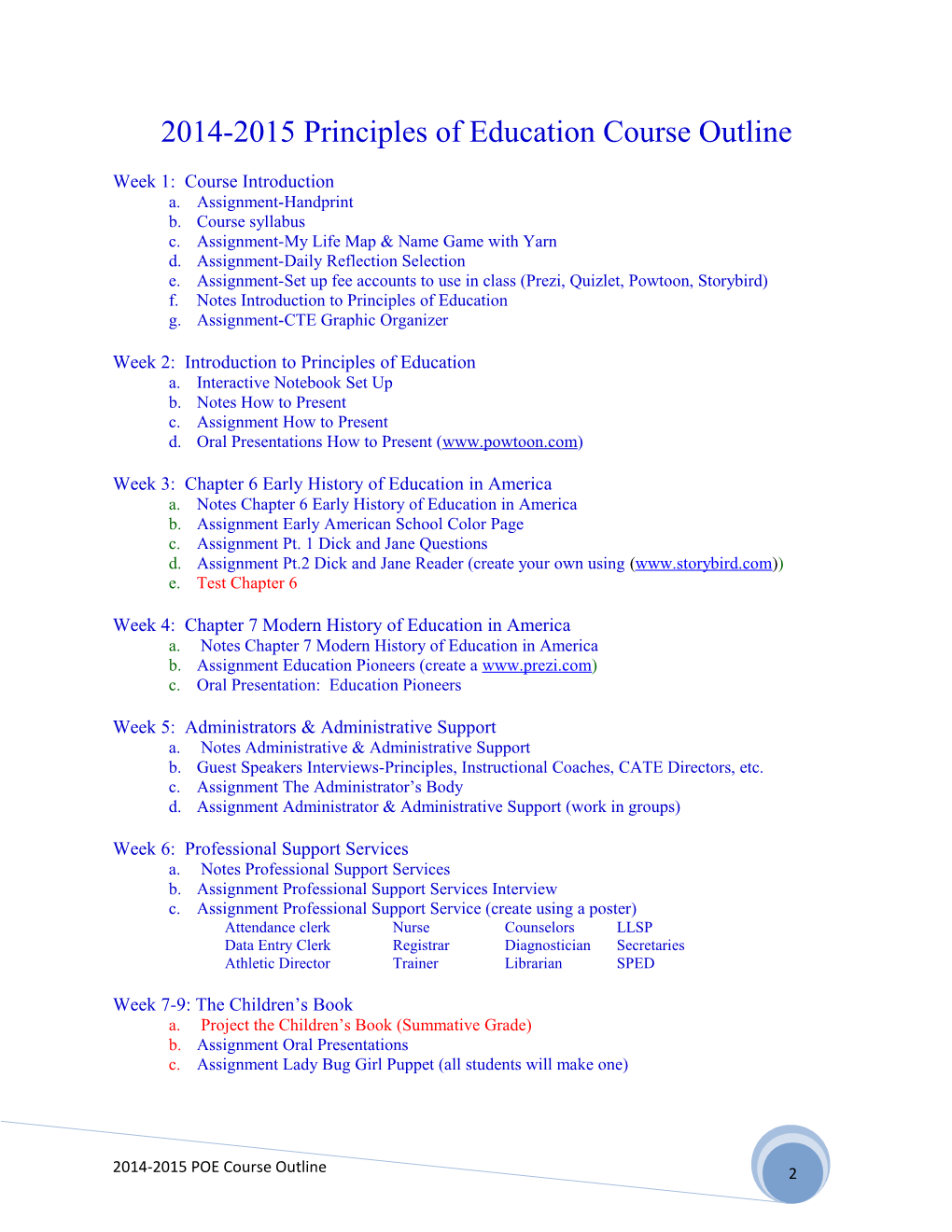 2014-2015 Principles of Education Course Outline
