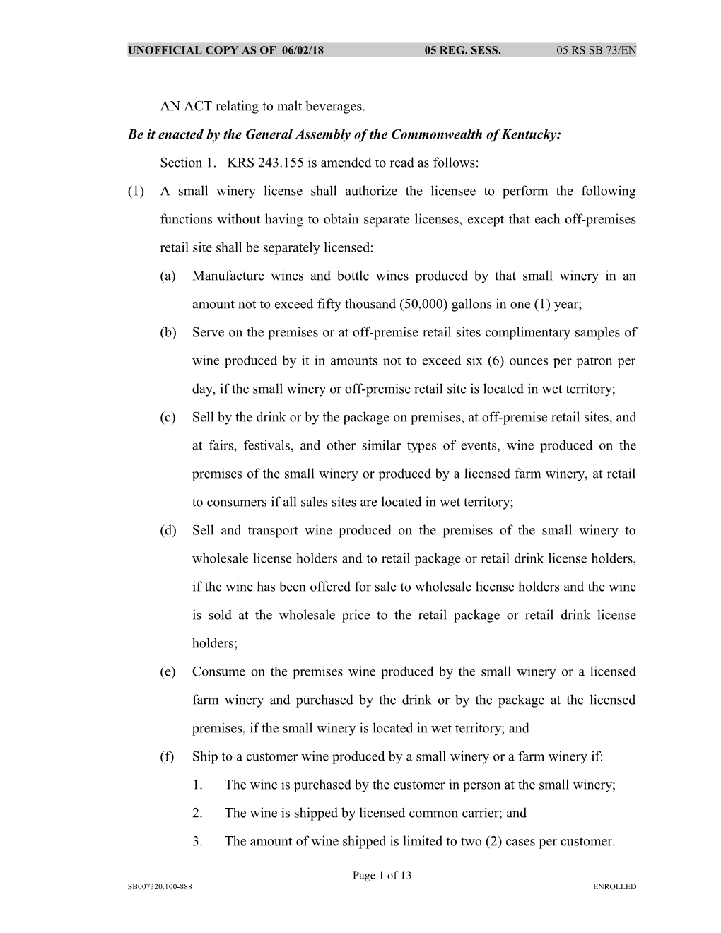 Unofficial Copy As of 03/08/05 05 Reg. Sess. 05 Rs Sb 73/En