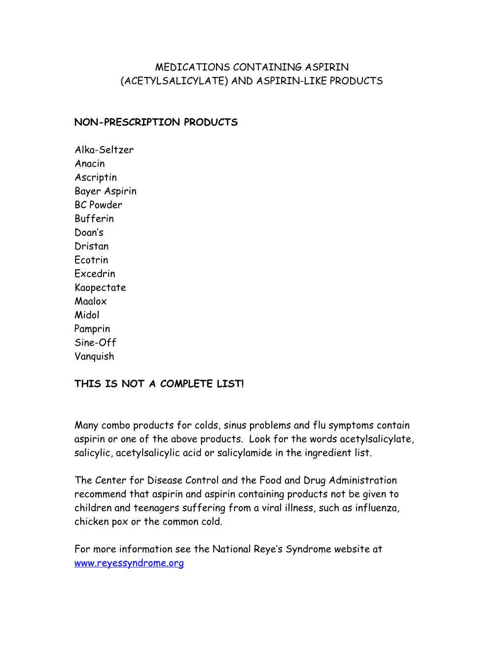 Medications Containing Aspirin