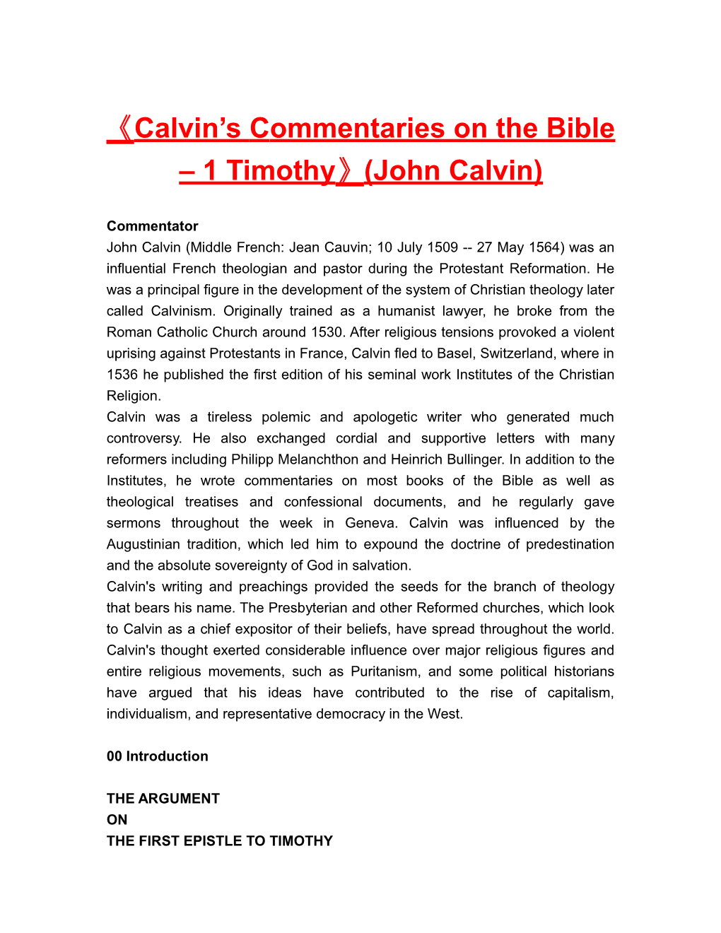 Calvin S Commentaries on the Bible 1 Timothy (John Calvin)
