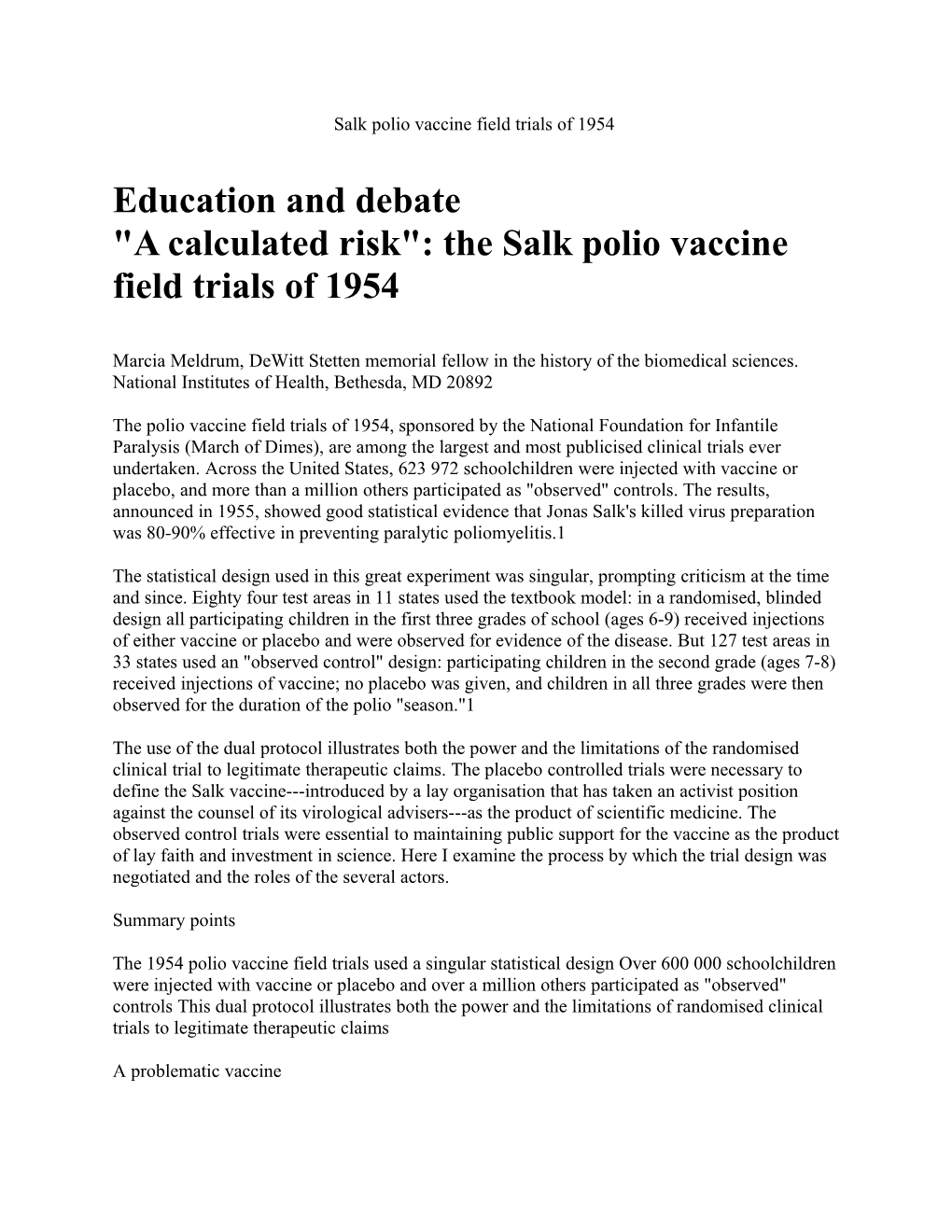 Salk Polio Vaccine Field Trials of 1954