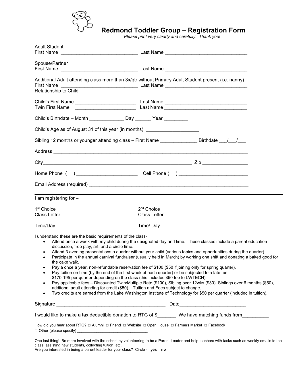 Registration Form for the Redmond Toddler Group