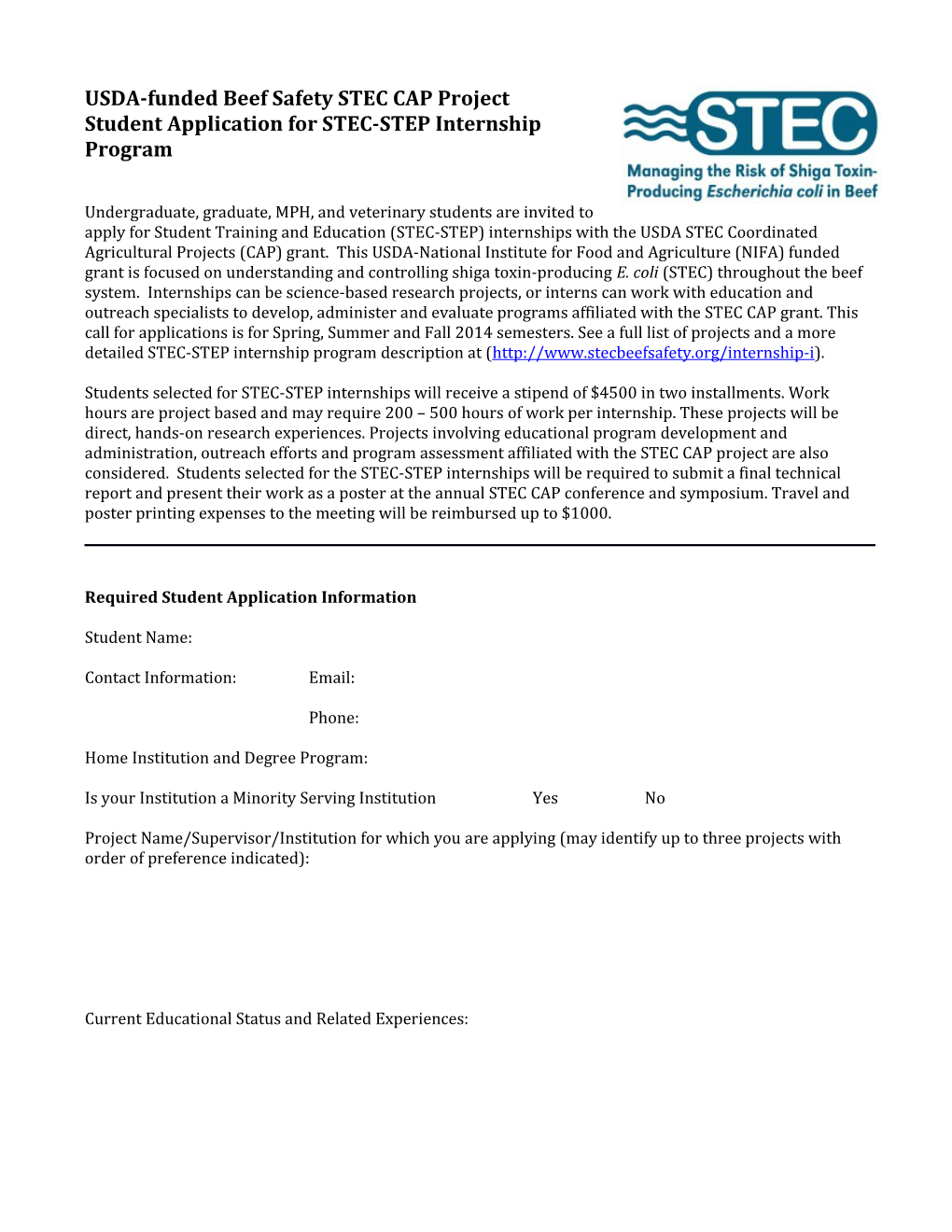 Student Application for STEC-STEP Internship Program
