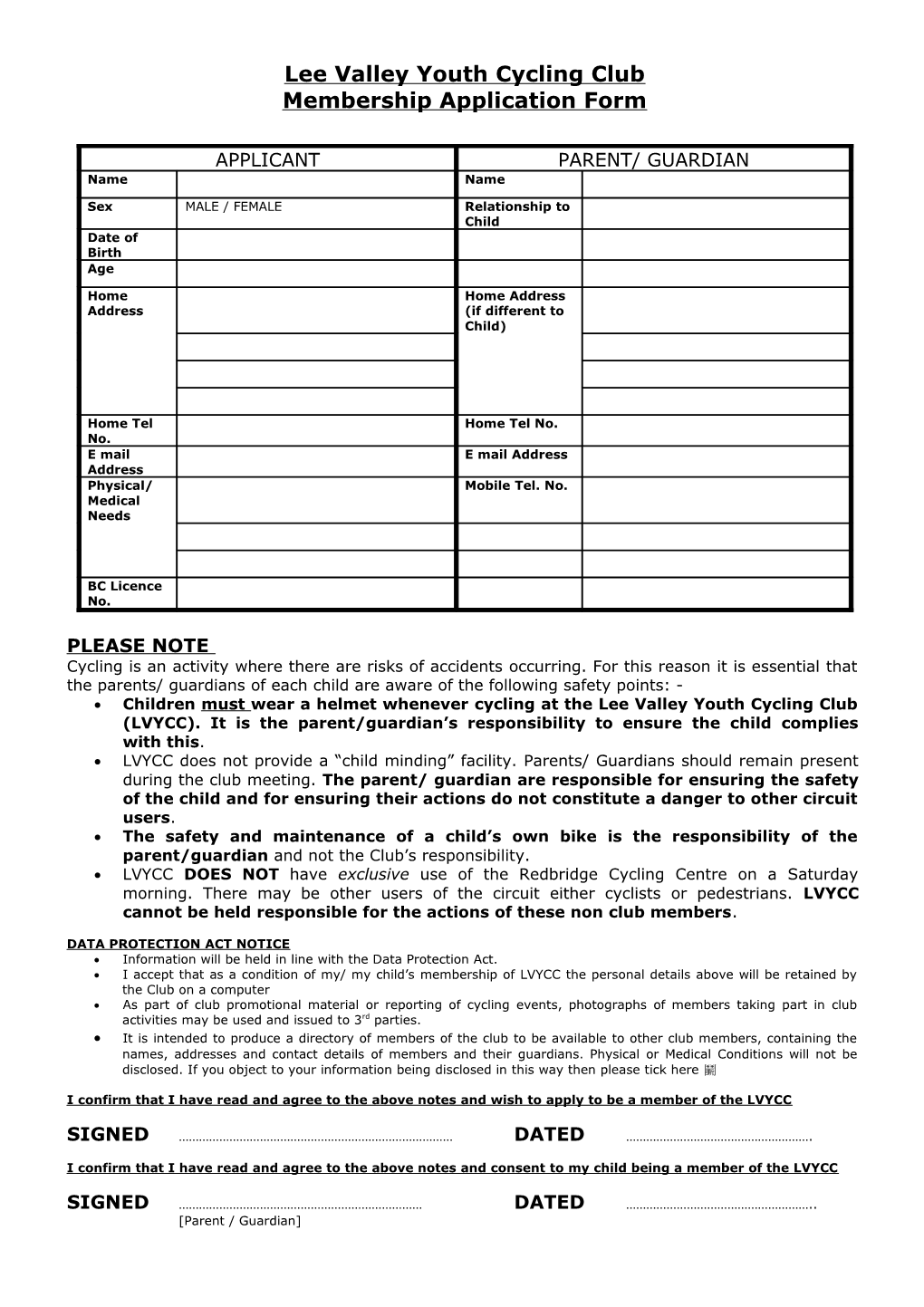 Lee Valley Youth Cycling Club Membership Application Form