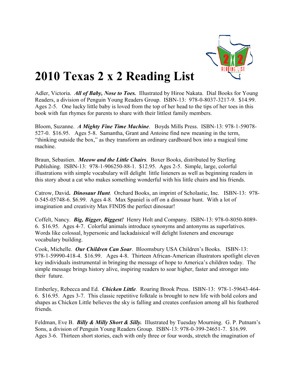 2010 Texas 2 X 2 Reading List