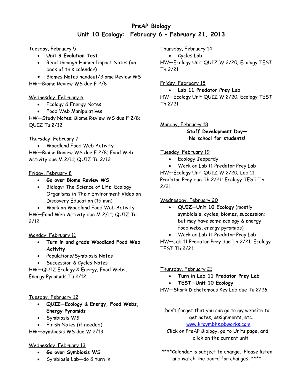 Beginning of Year/Biochemistry Calendar