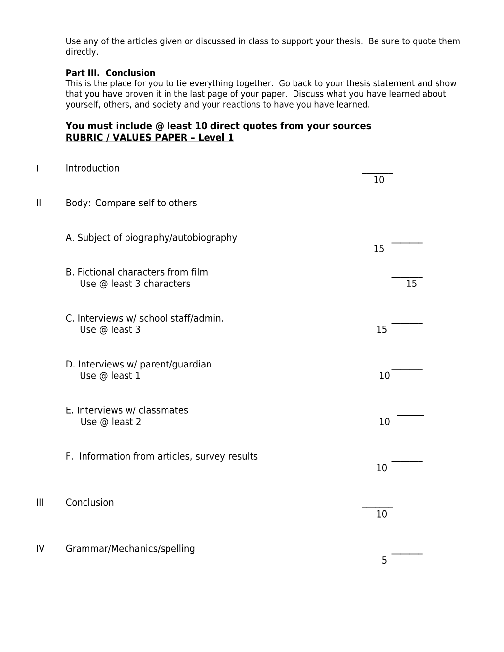 Scoring Rubric for Values Paper / Senior English / Ms