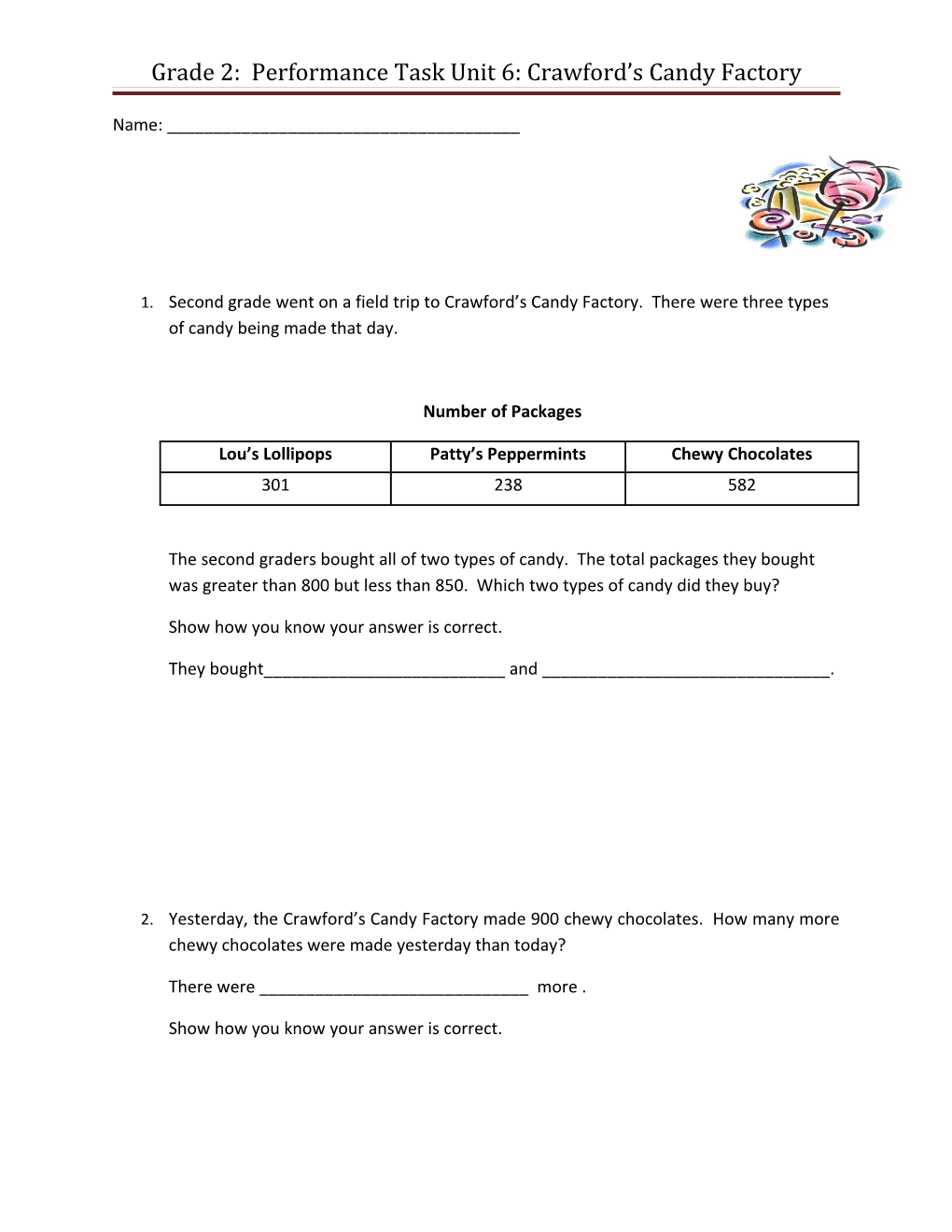 Grade 2: Performance Task Unit 6: Crawford S Candy Factory